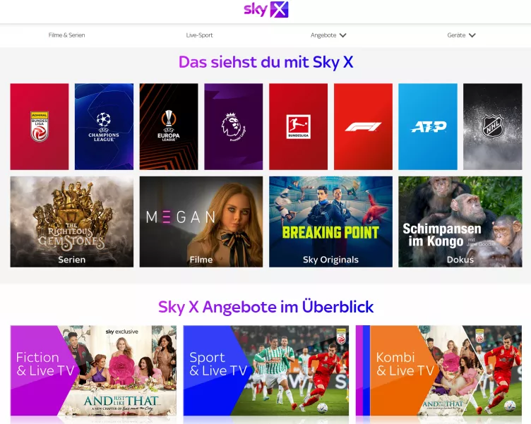 Homepage des Streamingdienstes Sky X