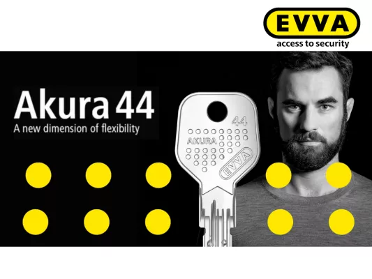 Ein Werbebild des mechanischen Schließsystems Akura 44. Eine neue Dimension von Flexibilität. 