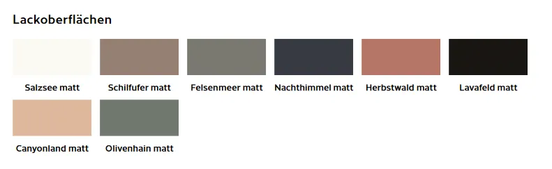 Das Bild zeigt eine Farbenpalette für Lackoberflächen von FOR von Salzsee matt, über Nachthimmel matt, bis hin zu Olivenhain matt.