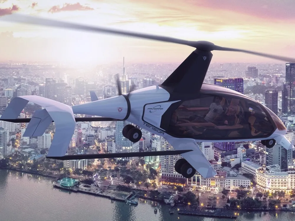 Zukunft in der Luft Ein Werbebild des TENSOR Helikopter in der Luft.