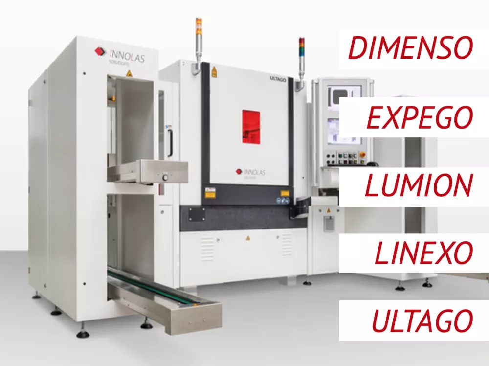 Namenssystem für InnoLas Solutions Ein Bild des Innolas Lasersystems mit den Namen von Namestorm: DIMENSO, EXPEGO, LUMION, LINEXO und ULTAGO.