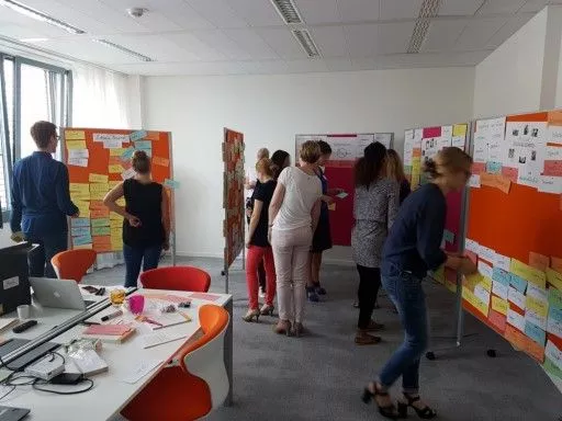 Ein Naming Workshop, in dem viele Namensideen gesammelt und an Pinnwände gehängt werden.