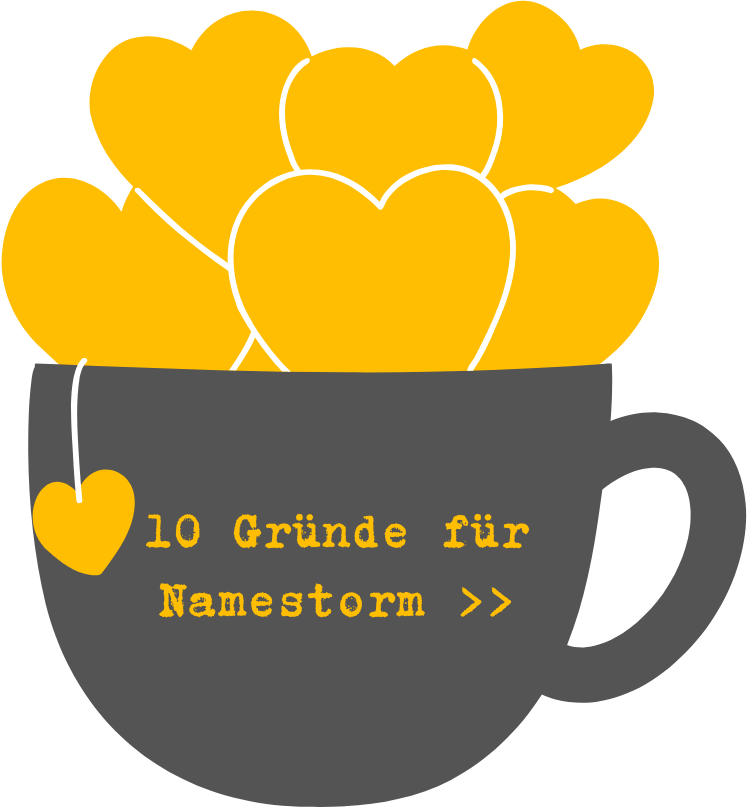 10 Gründe für Namestorm – Grafik einer Kaffeetasse mit Herzen