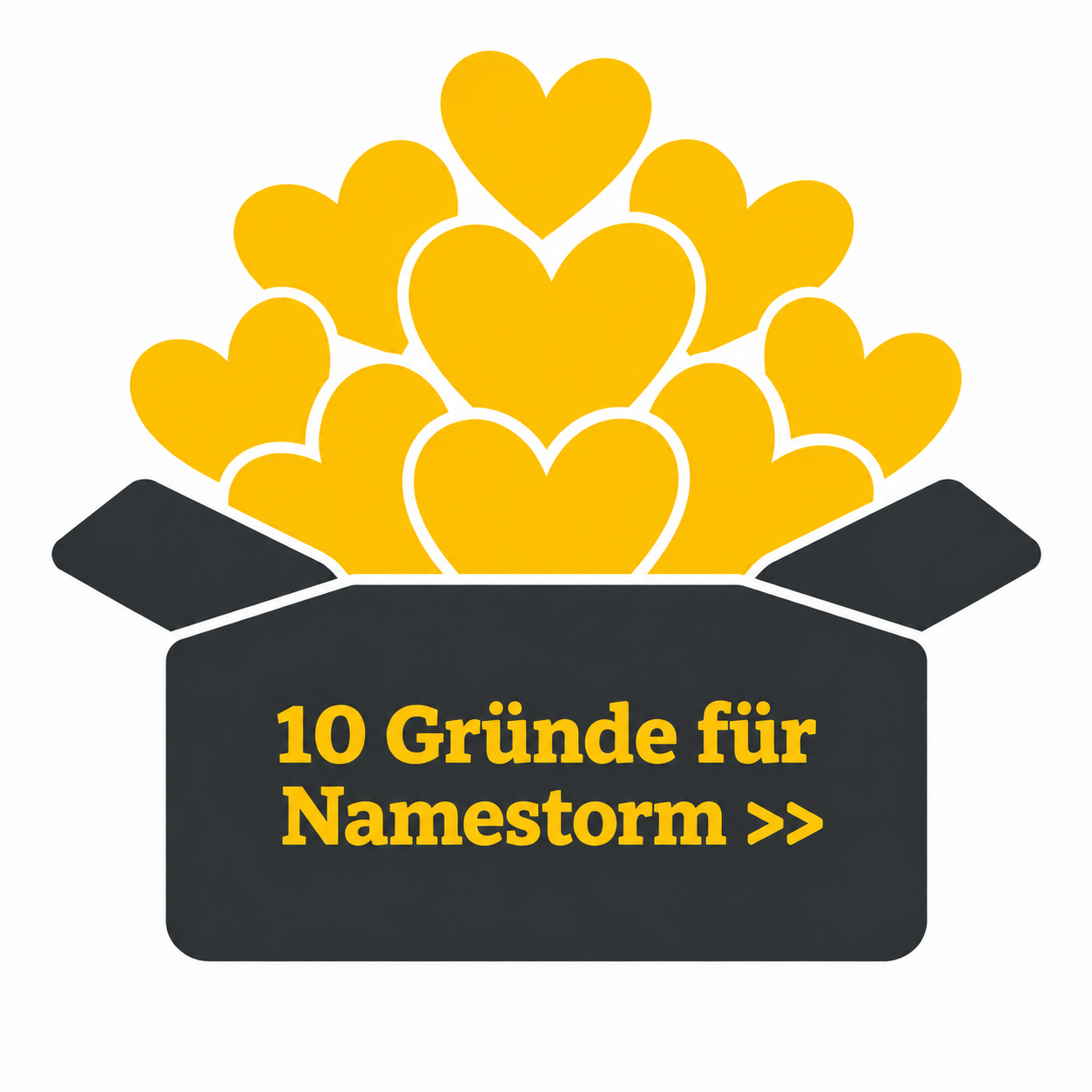 10 Gründe für Namestorm – Grafik einer Box mit Herzen
